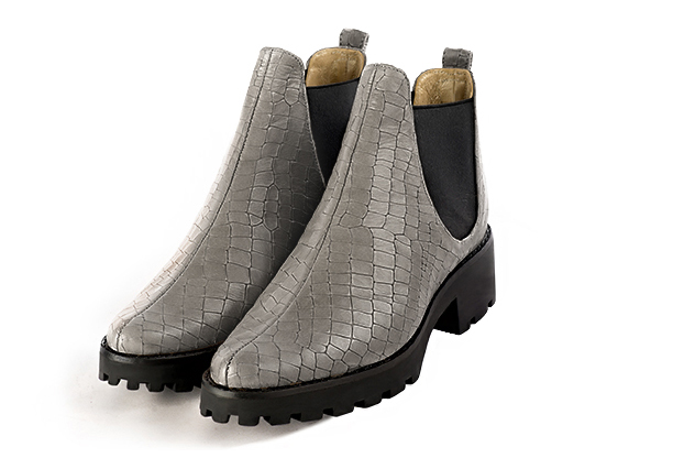 Ash grey and matt black women's ankle boots, with elastics. Round toe. Low rubber soles. Front view - Florence KOOIJMAN